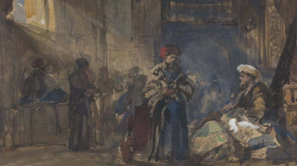 William James Muller, Cairo Bazaar, Nineteenth century, Watercolor, gouache, and graphite on moderately thick, moderately textured, cream wove paper, Yale Center for British Art, New Haven